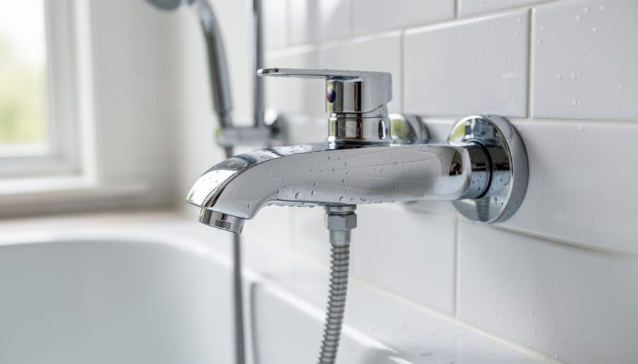 Chrome faucet with water droplets showing minimal mineral spotting typical of conditioned water