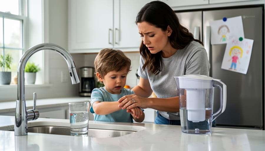 Mother holding child while examining glass of tap water in kitchen