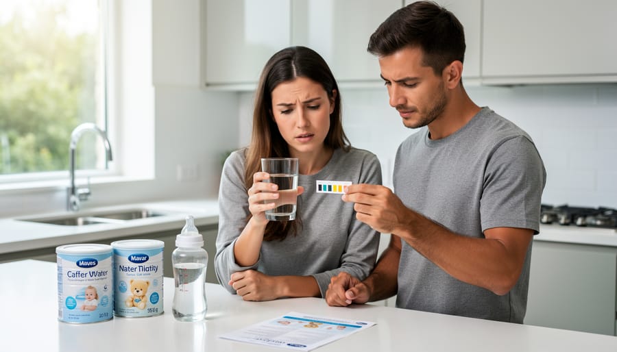 Mother in kitchen examining glass of tap water held up to window light