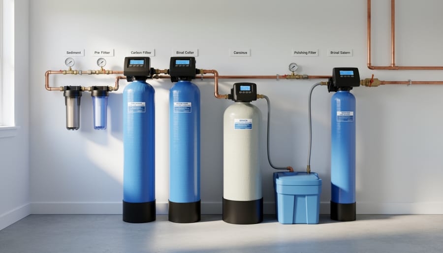 Whole house water treatment system with multiple filtration stages and pressure gauges