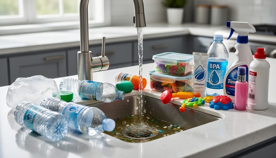 Collection of everyday plastic household items including bottles and containers