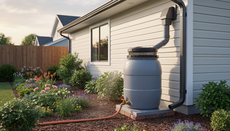 Blue rain barrel connected to home gutter downspout for rainwater collection