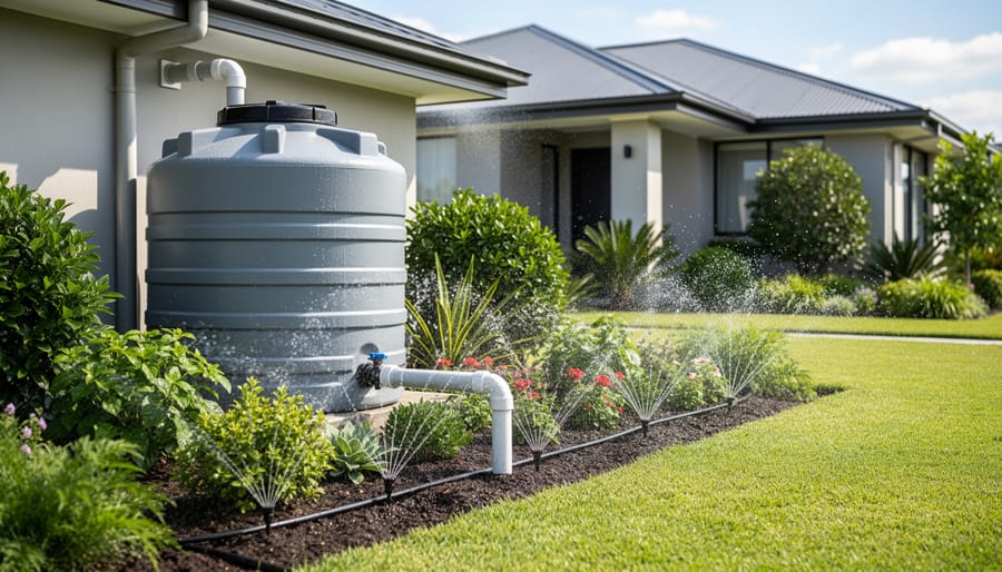 Residential lawn and garden being watered with harvested rainwater irrigation system