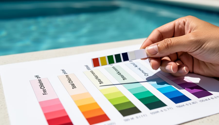 Multiple pool test strips with colored indicator pads arranged next to color comparison chart on pool deck