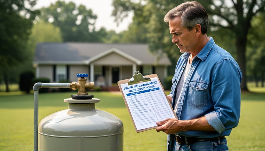 Residential well head cap in front yard of suburban home