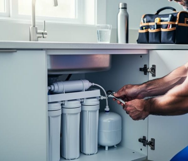 Close-up of a plumber installing a white under-sink reverse osmosis system with canister filters and a small pressure tank in a modern kitchen, with a glass of water and reusable bottle blurred on the counter behind.