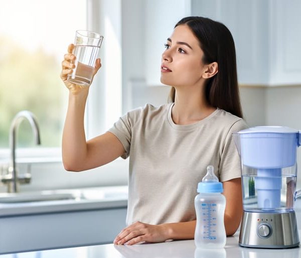 Parent holding a clear glass of tap water to the light beside a baby bottle and water filter pitcher on a kitchen counter, with soft daylight and a softly blurred modern kitchen in the background.