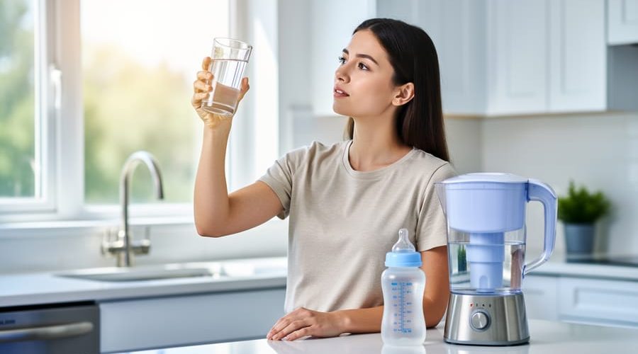 Parent holding a clear glass of tap water to the light beside a baby bottle and water filter pitcher on a kitchen counter, with soft daylight and a softly blurred modern kitchen in the background.