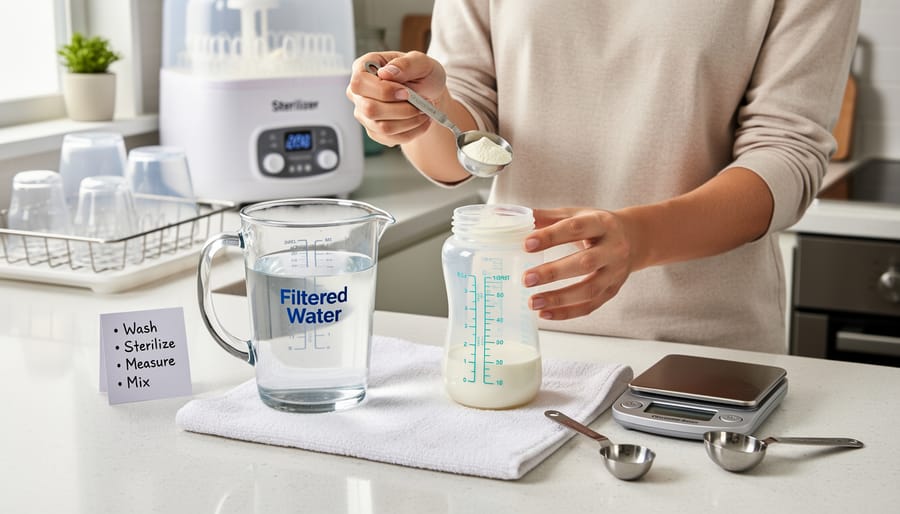 Overhead view of parent preparing baby formula with filtered water and clean bottles