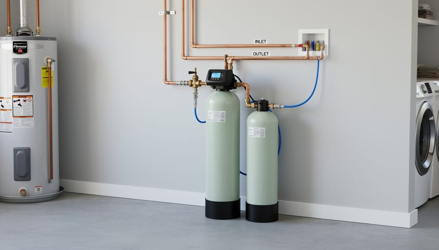 White water softener tank installed in residential basement with copper plumbing