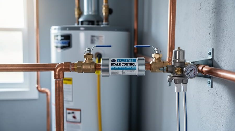 Close-up of an inline salt-free scale control cartridge on a home’s main water line with copper pipes, brass valves, and a pressure regulator, with a tank water heater softly blurred in the background.