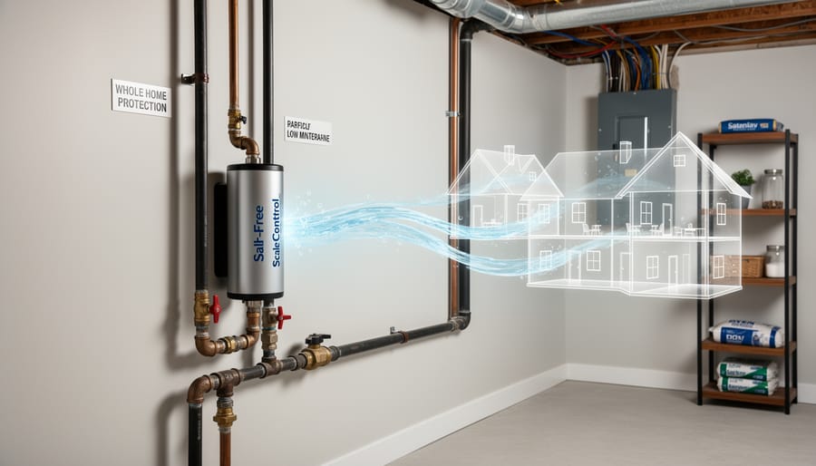 Salt-free water conditioning system installed on basement wall with copper plumbing connections
