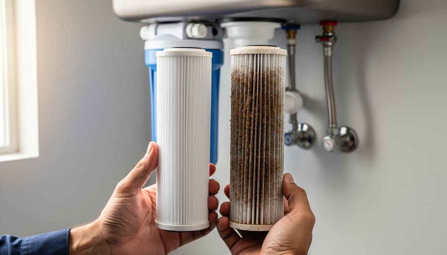 Comparison of dirty used sediment filter next to clean replacement filter