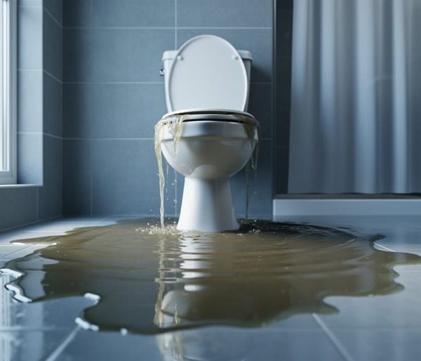 Overflowing residential toilet with murky water spreading across a glossy tile bathroom floor, shot from a low eye-level angle with the vanity and shower curtain softly blurred in the background.