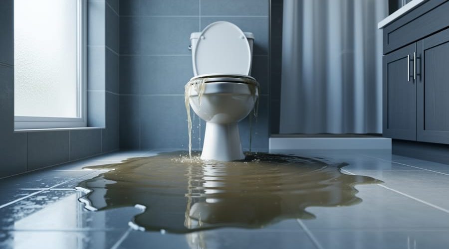Overflowing residential toilet with murky water spreading across a glossy tile bathroom floor, shot from a low eye-level angle with the vanity and shower curtain softly blurred in the background.