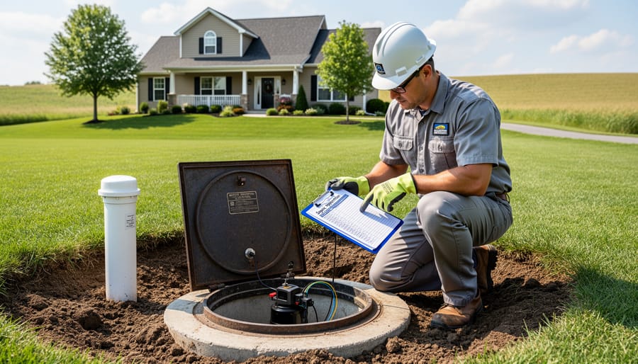 Septic system access cover in well-maintained residential lawn