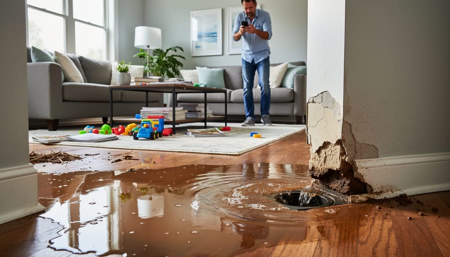 Sewage water backup on residential bathroom floor indicating septic system failure