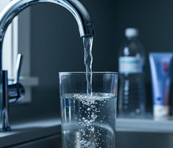 Close-up of a glass being filled from a kitchen faucet, side-lit to reveal fine particles and a subtle iridescent sheen, with out-of-focus plastic bottle, cosmetics tube, and pill bottle in the background.