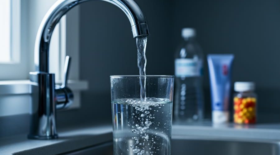 Close-up of a glass being filled from a kitchen faucet, side-lit to reveal fine particles and a subtle iridescent sheen, with out-of-focus plastic bottle, cosmetics tube, and pill bottle in the background.