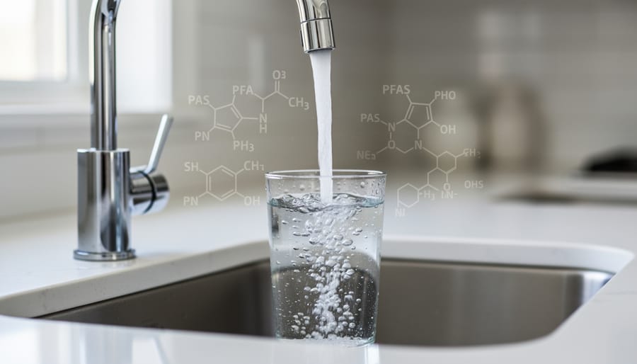 Glass of tap water being filled from kitchen faucet