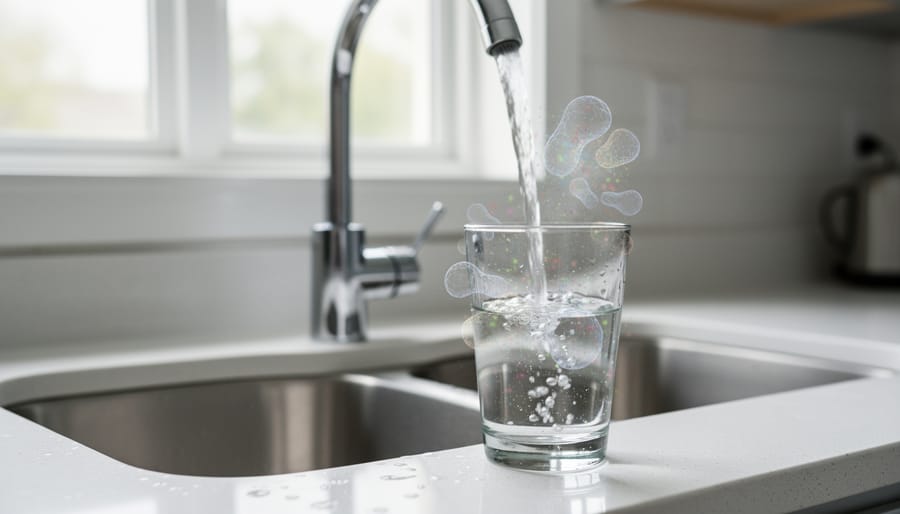 Clear glass being filled with tap water from kitchen faucet