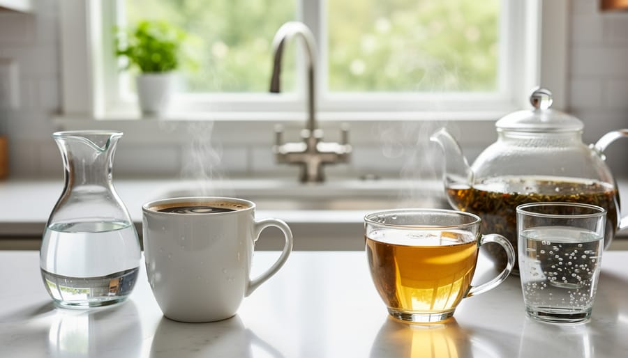 Glass cup of hot tea with rising steam on wooden table with kettle in background