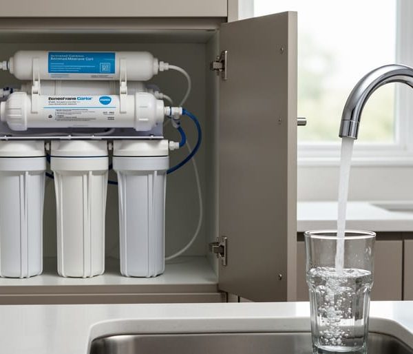 Under-sink reverse osmosis filtration system with white carbon cartridges visible in an open cabinet while a chrome faucet fills a clear glass; softly lit modern kitchen background without visible labels.