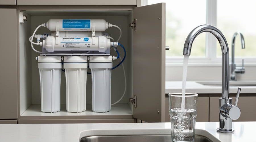 Under-sink reverse osmosis filtration system with white carbon cartridges visible in an open cabinet while a chrome faucet fills a clear glass; softly lit modern kitchen background without visible labels.