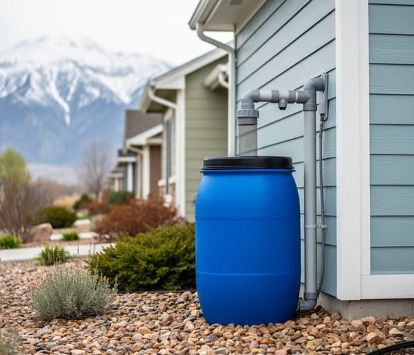 Blue rain barrel connected to a home downspout in Utah with mesh screen and diverter, set beside xeriscape plants and snow-capped mountains in the background.