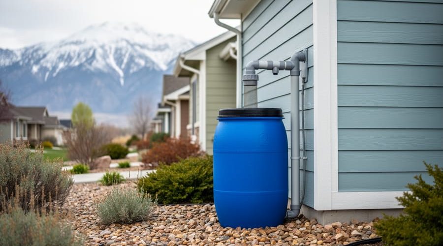 Blue rain barrel connected to a home downspout in Utah with mesh screen and diverter, set beside xeriscape plants and snow-capped mountains in the background.