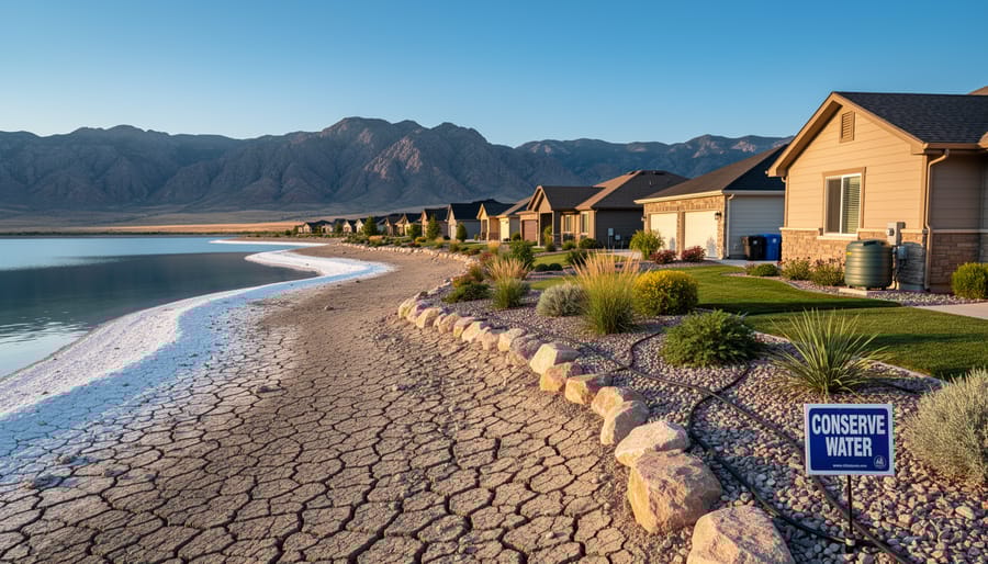 Utah landscape showing drought conditions and low water levels with mountains in background