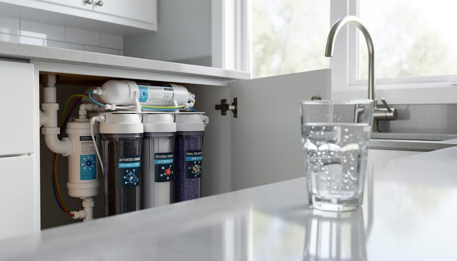 Under-sink water filtration system with visible filter canisters