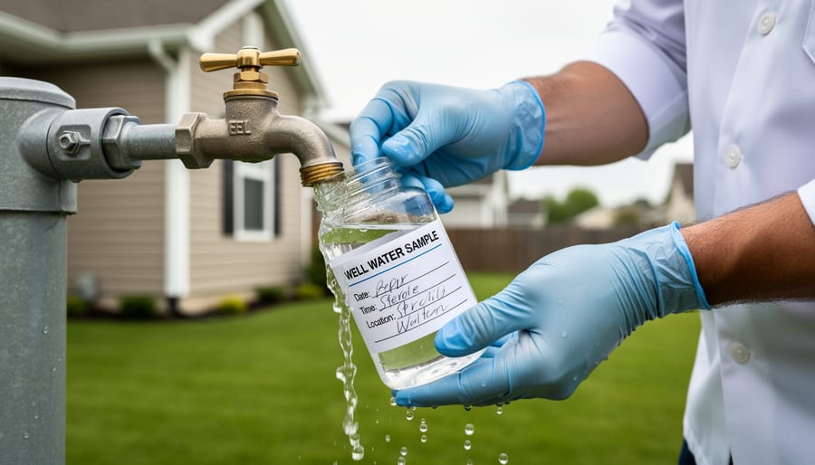 Gloved hands holding clear water sample bottle for laboratory testing