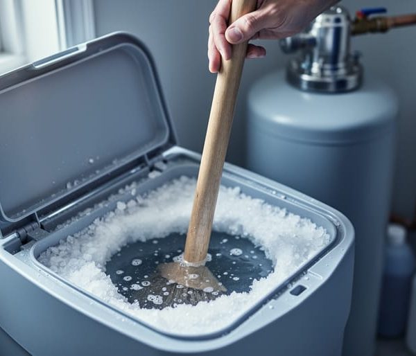 Hand using a broom handle to break a salt bridge inside an open water softener brine tank, with resin tank, bypass valve, and copper plumbing blurred in a utility room background.
