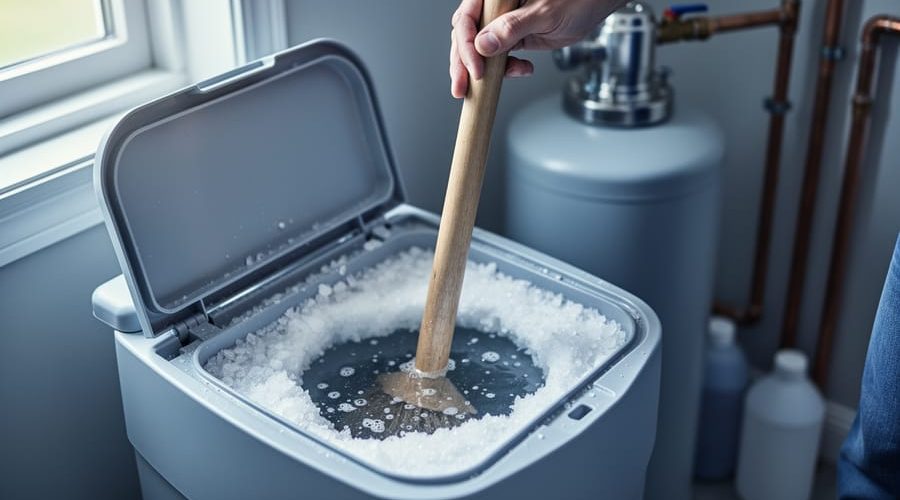 Hand using a broom handle to break a salt bridge inside an open water softener brine tank, with resin tank, bypass valve, and copper plumbing blurred in a utility room background.