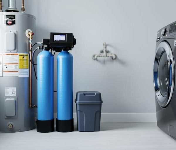 Modern dual-tank water softener and brine tank in a tidy utility room next to a water heater and laundry machines, with a softly blurred scale-stained faucet in the background.