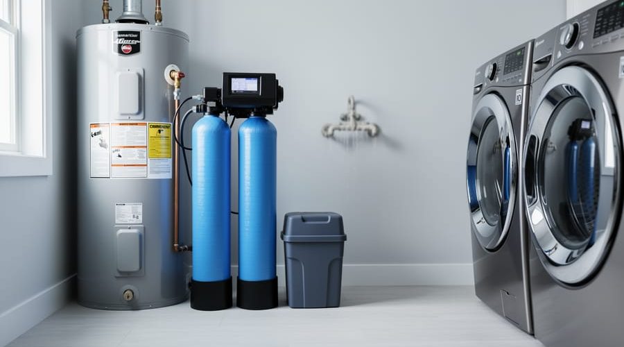 Modern dual-tank water softener and brine tank in a tidy utility room next to a water heater and laundry machines, with a softly blurred scale-stained faucet in the background.