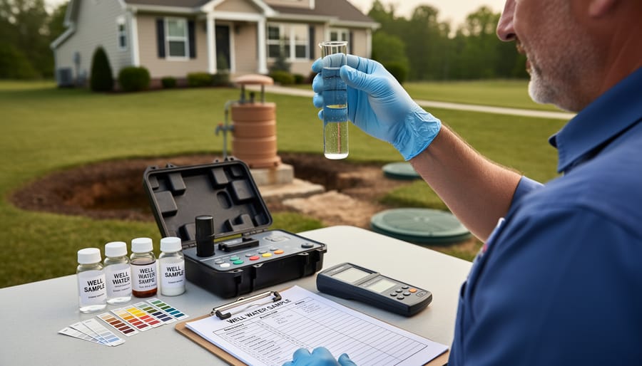 Water quality testing materials and glass of water being tested after septic system failure