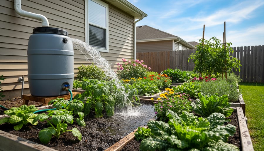 Gardener watering vegetable garden with collected rainwater from barrel system