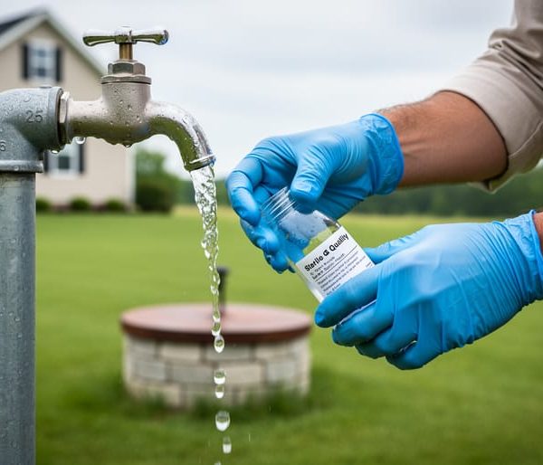 Close-up of gloved hands collecting well water into a sterile lab bottle from an outdoor well spigot, with water droplets in sharp focus and a blurred farmhouse and wellhead in the background under soft overcast light.