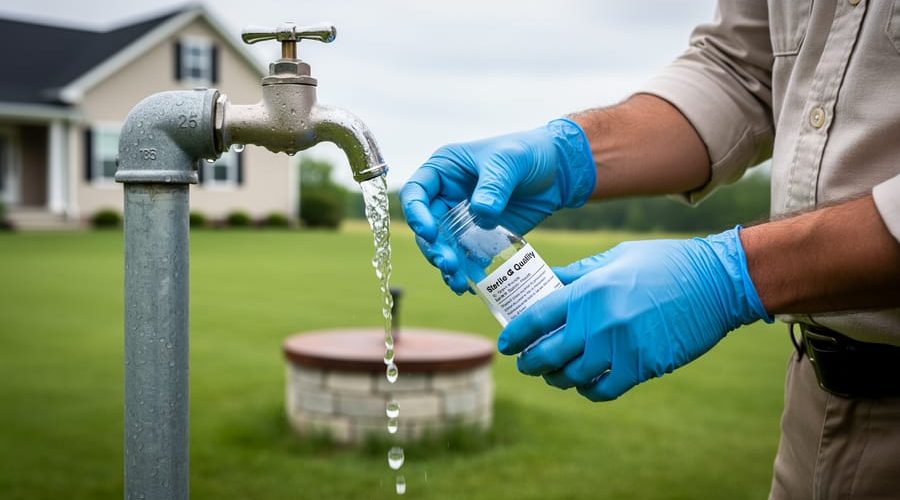 Close-up of gloved hands collecting well water into a sterile lab bottle from an outdoor well spigot, with water droplets in sharp focus and a blurred farmhouse and wellhead in the background under soft overcast light.