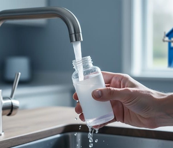 Close-up of a hand filling an unlabeled sterile water sample bottle under a stainless kitchen faucet, with soft natural daylight and a blurred blue wellhead visible outside the window.
