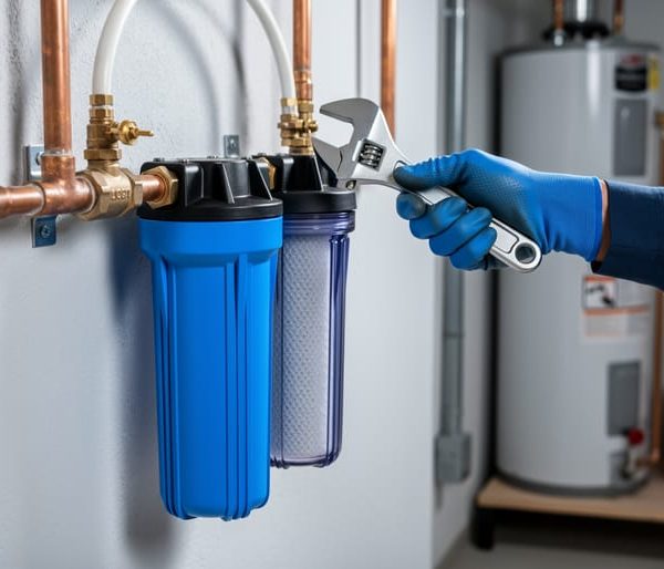 Dual-stage whole-house water filtration system with blue sediment pre-filter and carbon canister on a basement main line, homeowner’s gloved hand tightening the housing, with a water heater and toolbox softly blurred in the background.