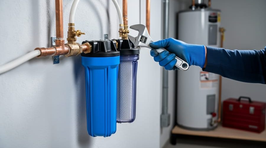 Dual-stage whole-house water filtration system with blue sediment pre-filter and carbon canister on a basement main line, homeowner’s gloved hand tightening the housing, with a water heater and toolbox softly blurred in the background.
