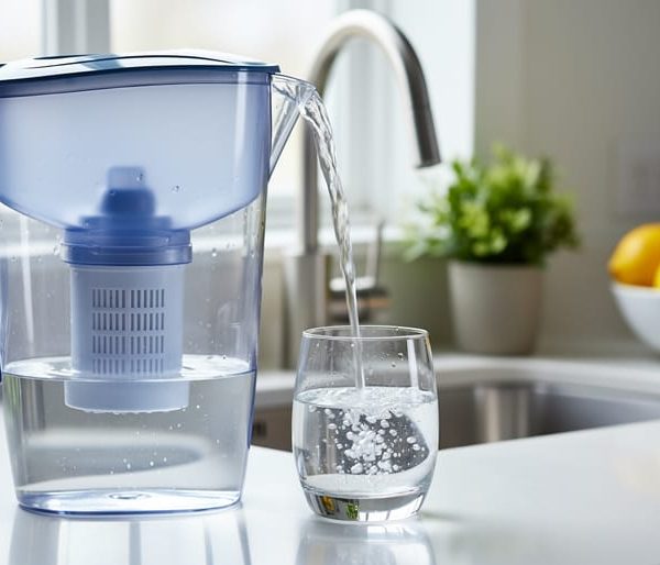 Unbranded 5-stage water filter pitcher pouring clear filtered water into a glass on a modern kitchen counter, with a sink, faucet, and small plant softly blurred in the background.