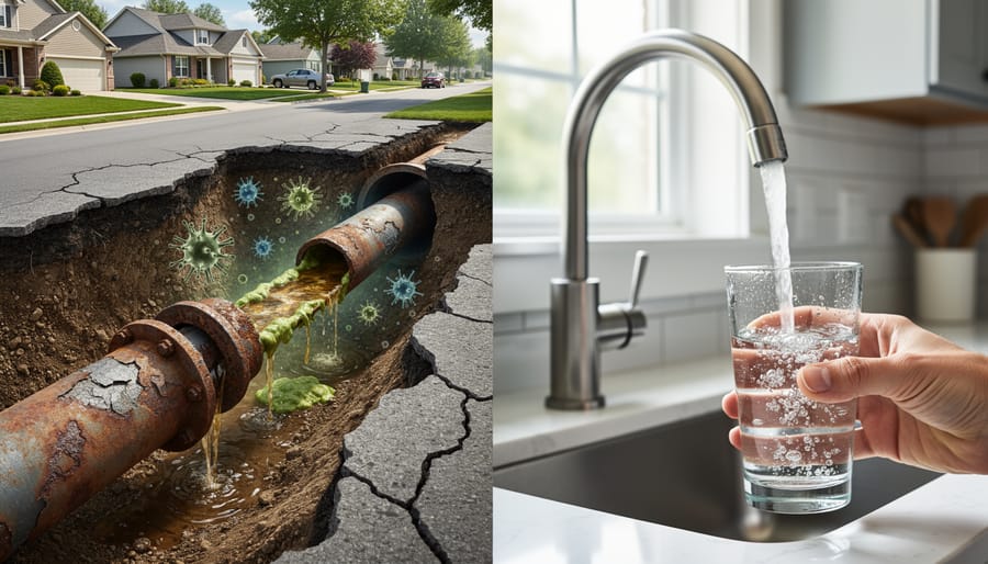 Corroded and deteriorating water pipes showing age and mineral buildup