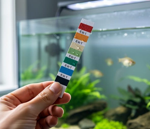 Close-up of a hand holding a wet 6-in-1 aquarium test strip above a planted freshwater tank in natural daylight, with fish and plants softly blurred and an unlabeled color card in the background.