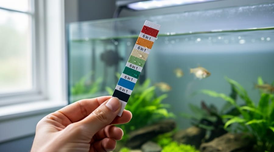 Close-up of a hand holding a wet 6-in-1 aquarium test strip above a planted freshwater tank in natural daylight, with fish and plants softly blurred and an unlabeled color card in the background.