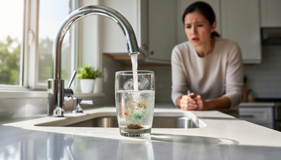 Contaminated brown water flowing from kitchen faucet into glass