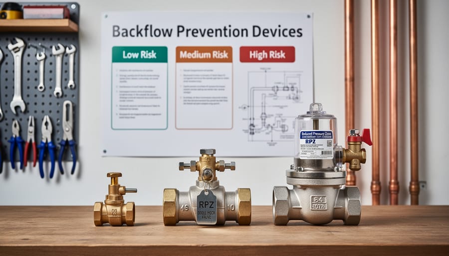 Brass backflow preventer valve installed on copper plumbing pipes